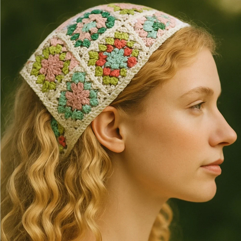 Sunday State Colorful Crochet Headscarf. Pink and Green. - Picture 3 of 8